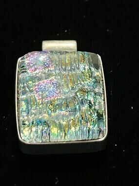Vintage Artisan Iridescent Dichroic Fused Glass Pendant, Multicolor Silver Tone